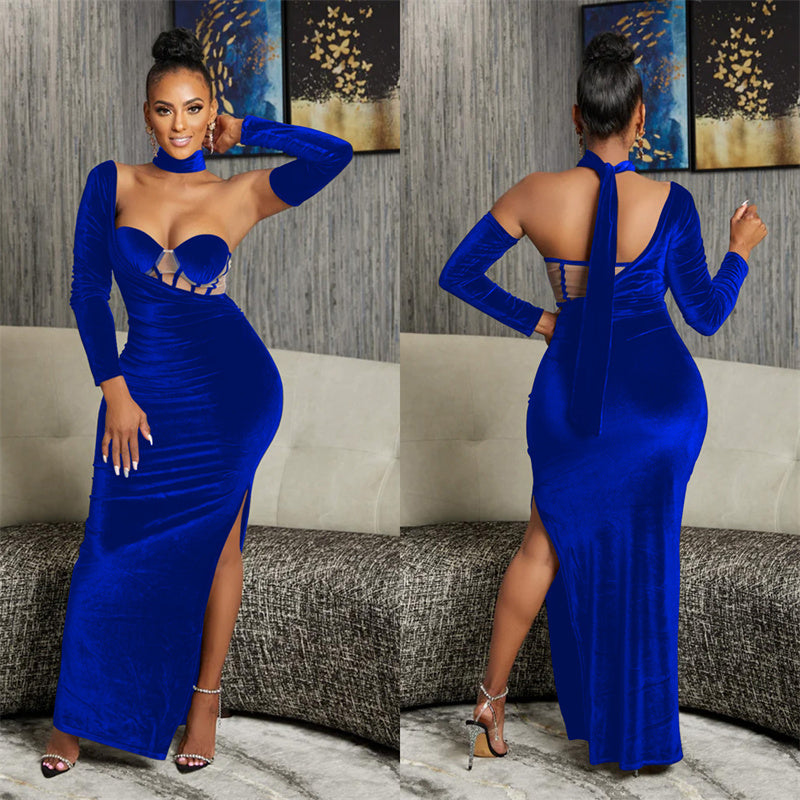 Elegant Birthday Party Night Club Christmas Formal Long Sleeve Dress Women Velvet Irregular Strapless Evening Vestidos