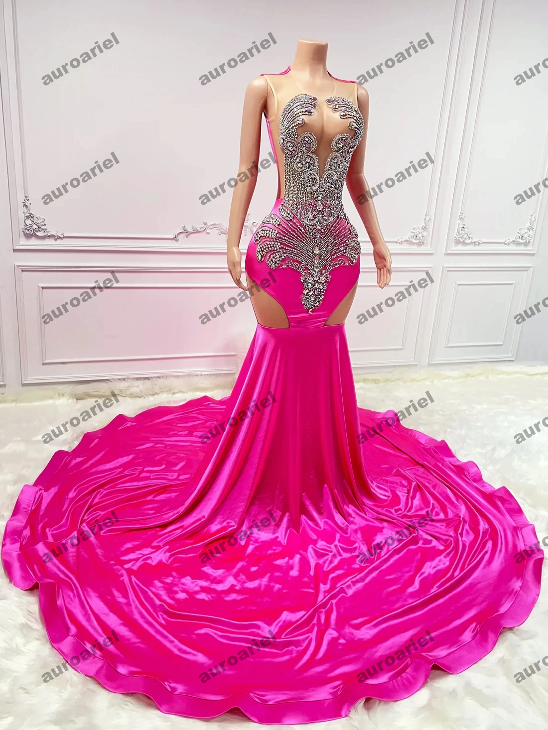 Fuchsia African American Prom Dresses For Black Girls Women Mermaid Crystals