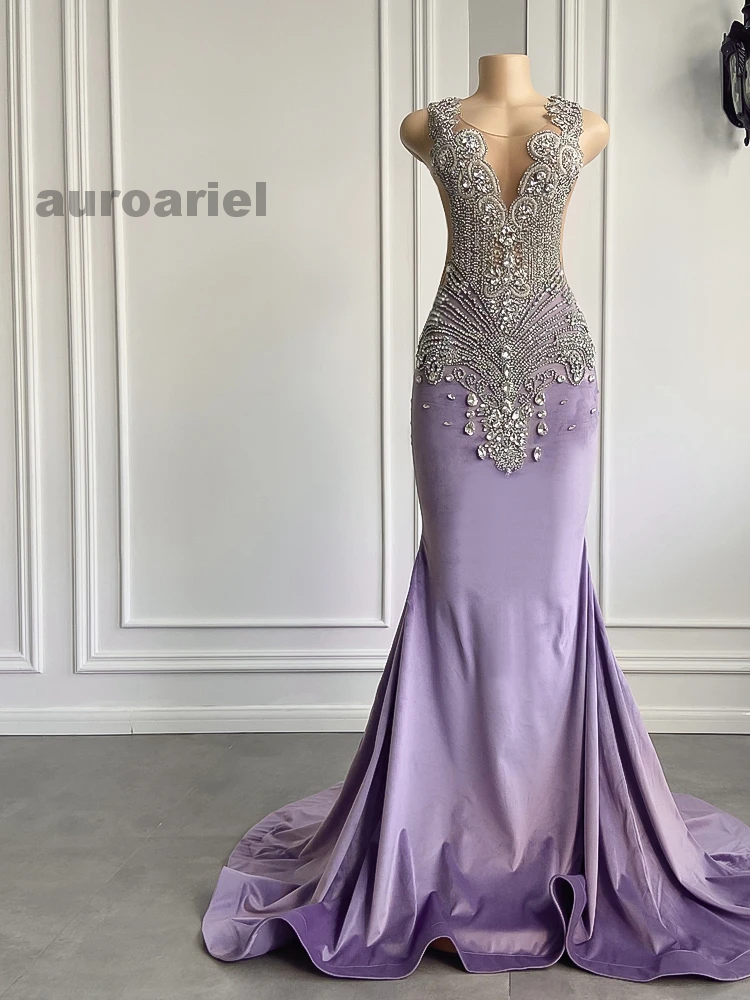 Gorgeous Sexy Mermaid Style Silver Diamond Black Girls Lavender Velvet Prom Gala Formal Gowns