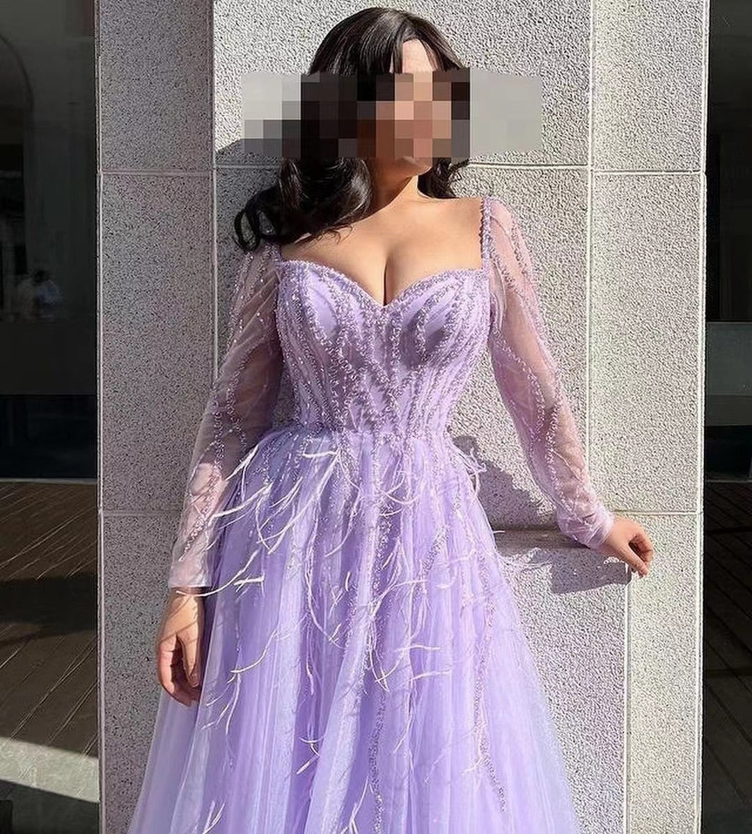 Real Image Prom Dresses Women Wear Side Slit Long Sleeves Beaded Evening Dress Sequins Feather Tulle Formal Occasion Party Gowns