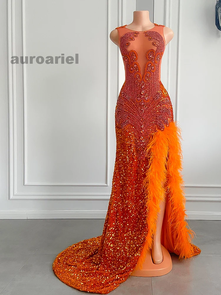 Orange Prom Dresses Sexy Side Slit Sequin Diamond Feather