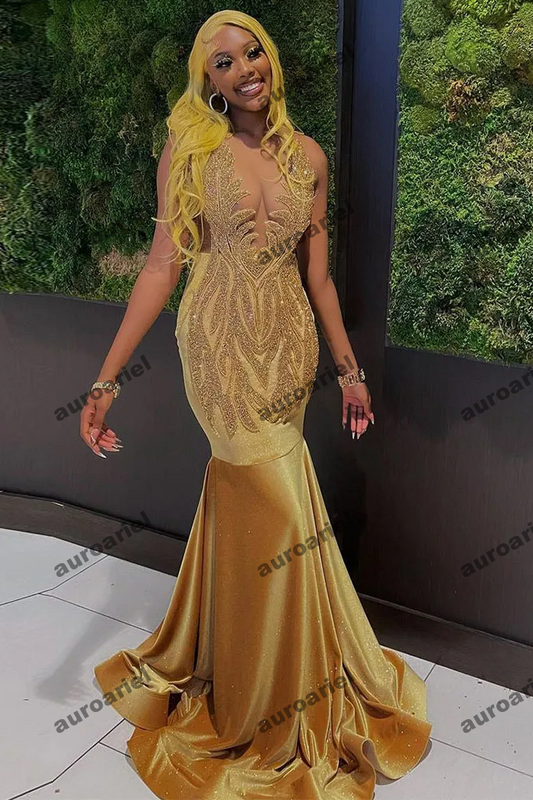 Sparkly Mermaid Prom Dresses For Black Girl Crystal Sleeveless Brush Train Evening Patry Dress Satin Formal Robe de soirée