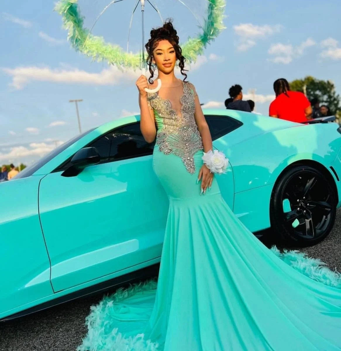 Turquoise African American Long Prom Dresses For Black Girls Sheer Feather Crystals WomenRobe De Soiree Evening Gown Customized