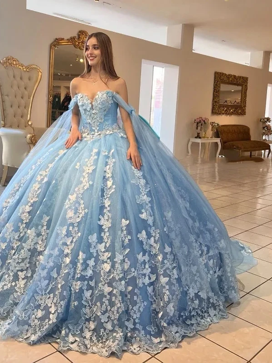 Glittering Light Blue Butterfly Quinceanera Dresses Off-Shoulder Luxury Lace