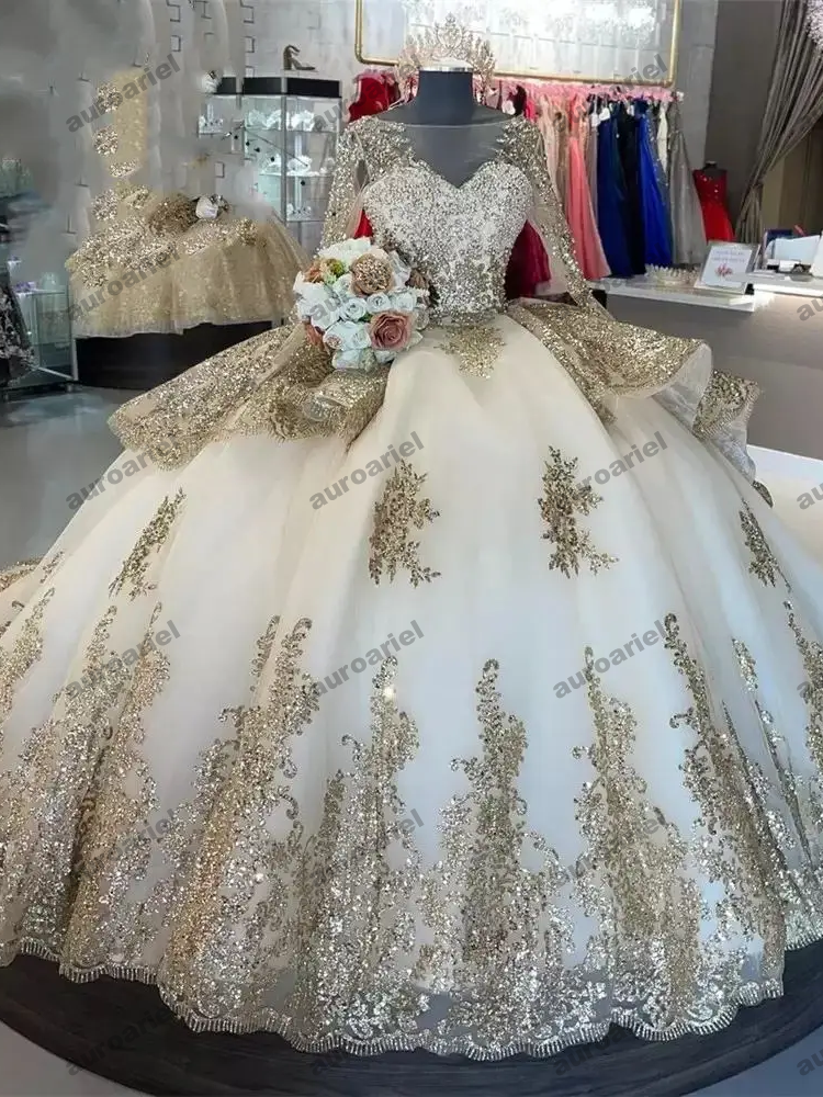 Gold Appliques Quinceanera Dresses Vestidos De 15 Anos Ball Gown Formal Birthday Party Prom Gown Corset Back Train