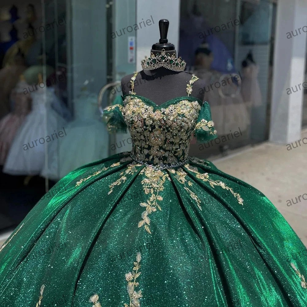 Glittering Green Quinceanera Dresses Gold Flowers Lace Off-Shoulder