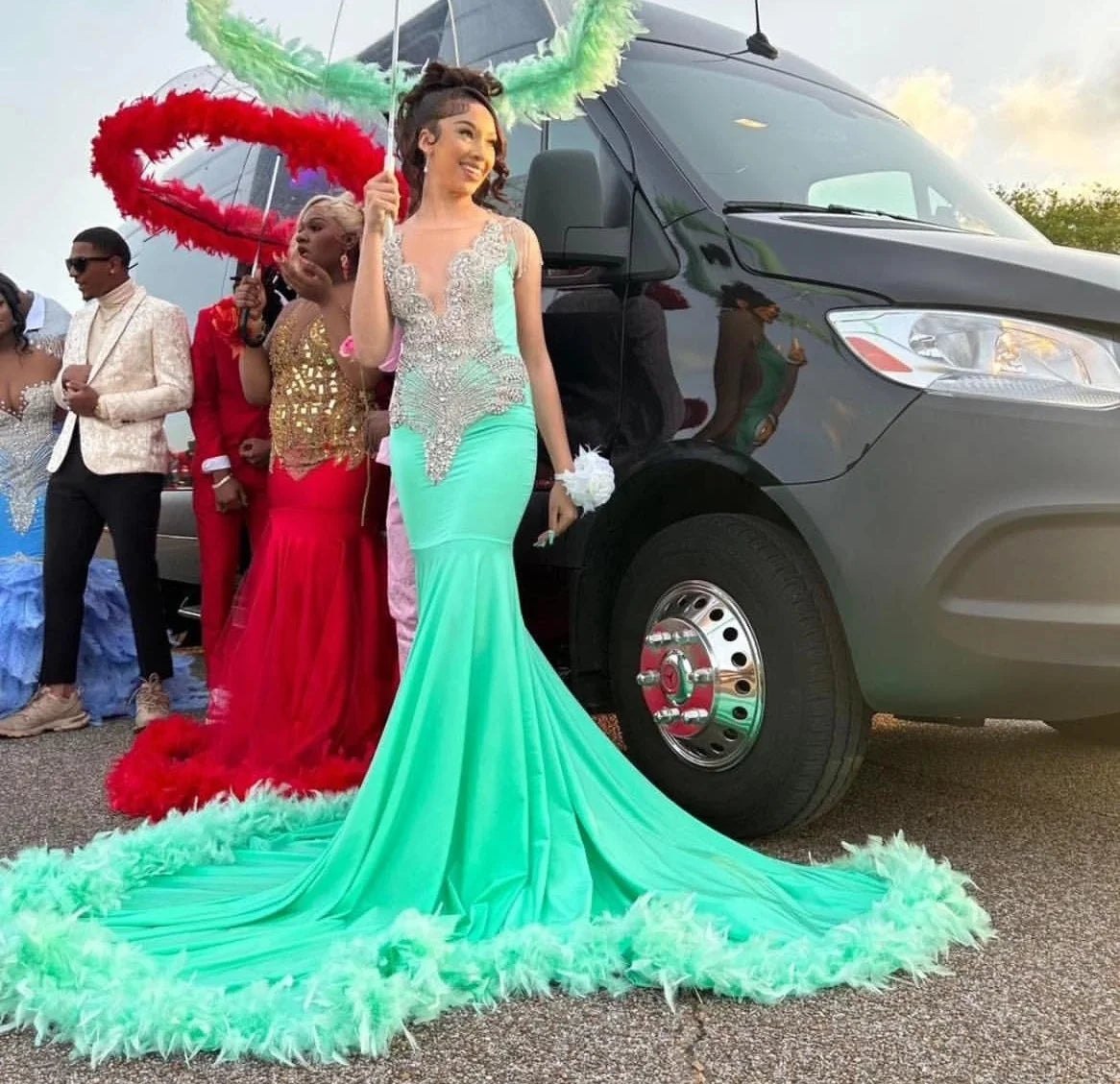 Turquoise African American Long Prom Dresses For Black Girls Sheer Feather Crystals WomenRobe De Soiree Evening Gown Customized