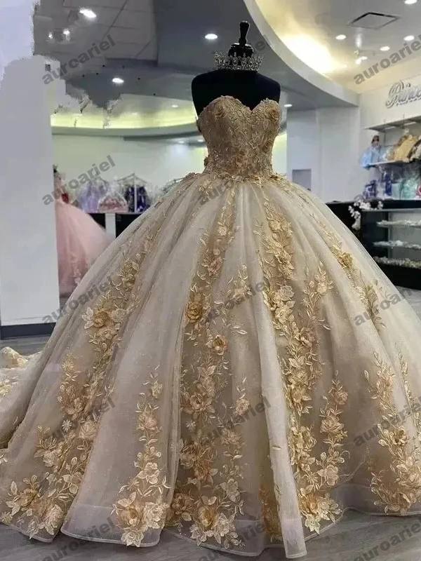 Champagne Quinceanera Dress Gold 3D Flower Lace Vestidos De 15 Anos Formal Birthday Party Customized