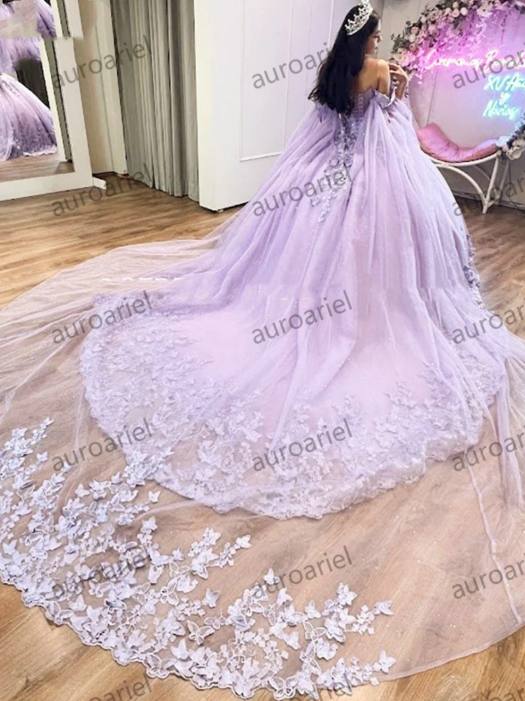 3D Butterfly Ball Gown Lilac Quinceanera Dresses With Cape Appliques Lace Sweet 15