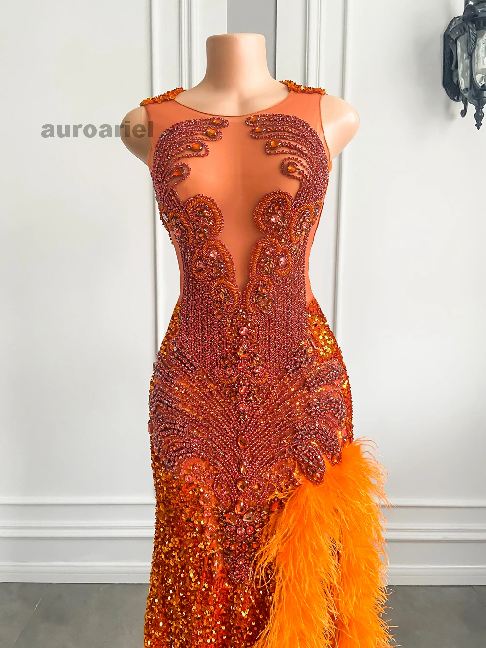 Orange Prom Dresses Sexy Side Slit Sequin Diamond Feather