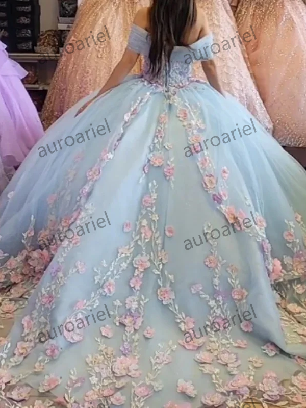 Blue Quinceanera Dresses With 3D Pink Lace Appliques Beading Ball Gown