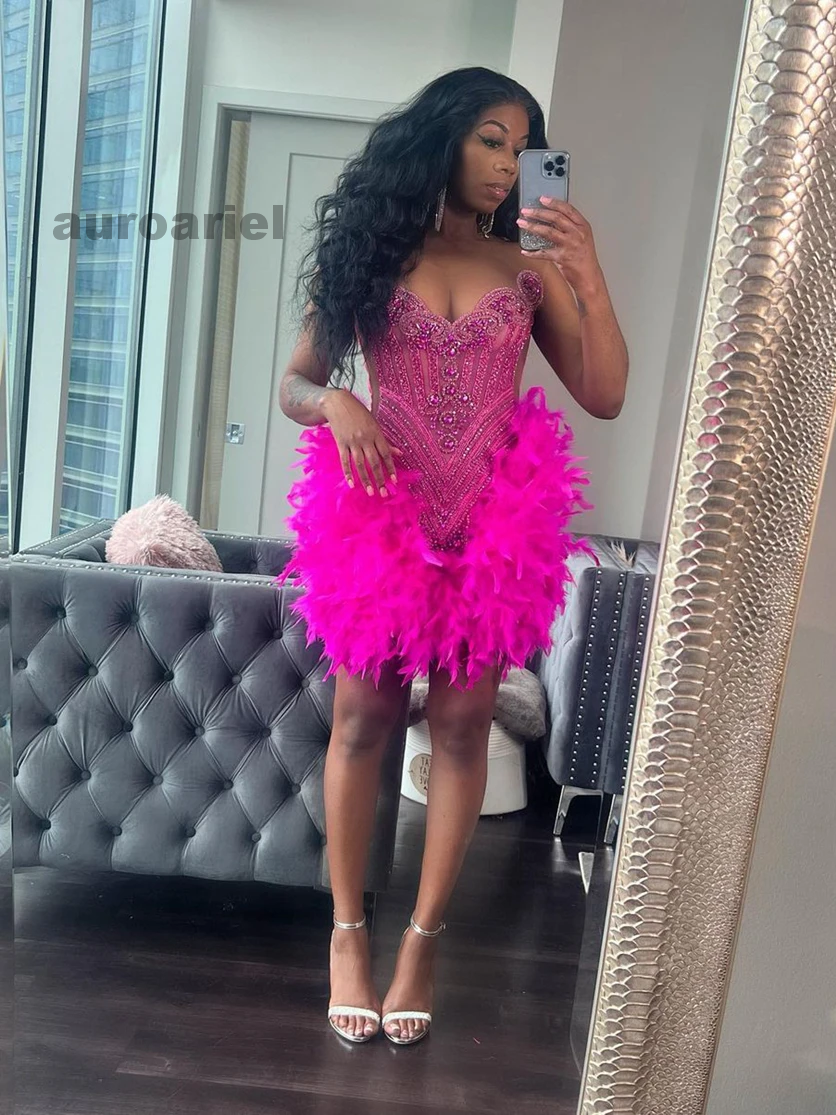 Hot Pink Feather Black Girls Short Prom Dresses