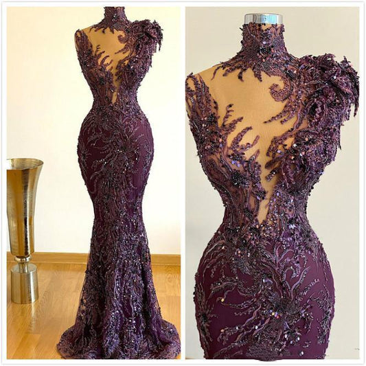 Luxurious Arabic Style Mermaid Prom Party Dresses Grape Full Lace Beaded Plus Size Formal Evening Occasion Gowns Robe De So