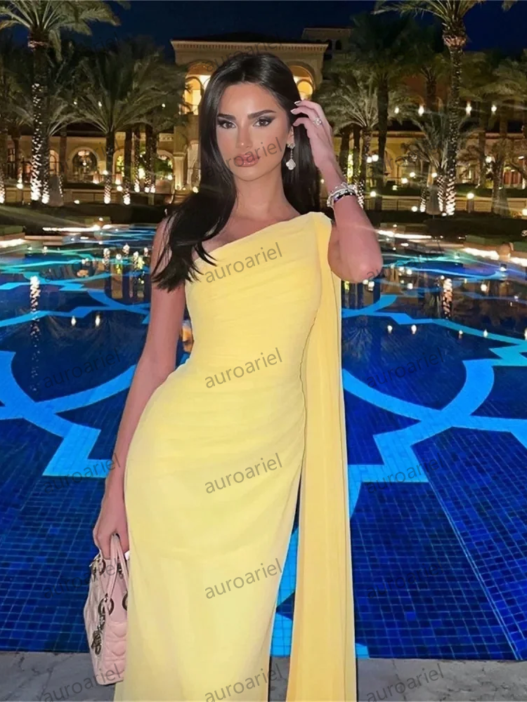 Yellow Celebrity Evening Dress One-Shouldered Chiffon Sleeveless Mopping Slim Fit Formal Occasion Cocktail Prom Gown