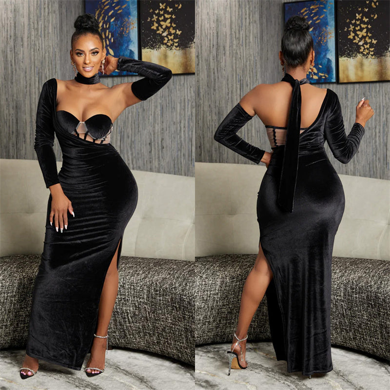 Elegant Birthday Party Night Club Christmas Formal Long Sleeve Dress Women Velvet Irregular Strapless Evening Vestidos