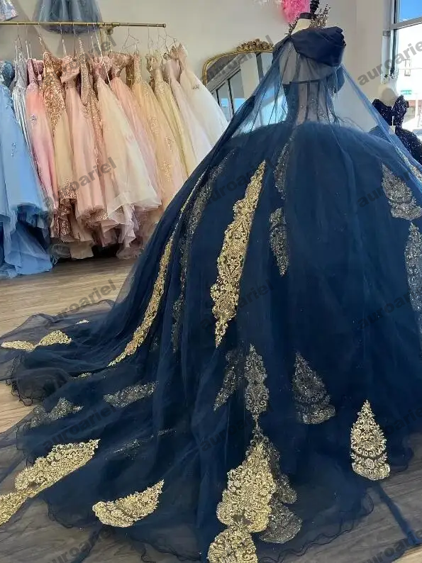 Navy Blue Quinceanera Dresses Gold Applique With Cape Ball Gown Princess Birthday Party Sweet 16