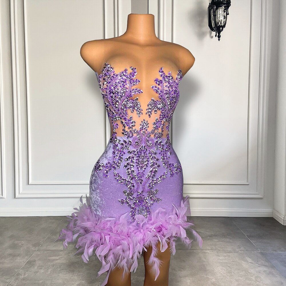 Gorgeous Sexy Sheer Mesh Beaded Embroidery Women Birthday Party Gowns Feather Lavender Black Girl Short Prom Dresses