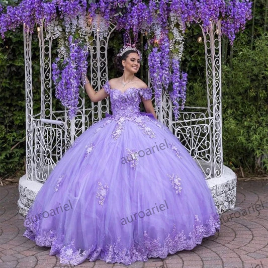 Lavender 3D Flower Quinceanera Dresses with Big Bow