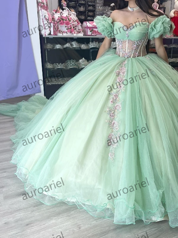 Sage Green Quinceanera Dress Party Prom Dress Flower Beads Lace