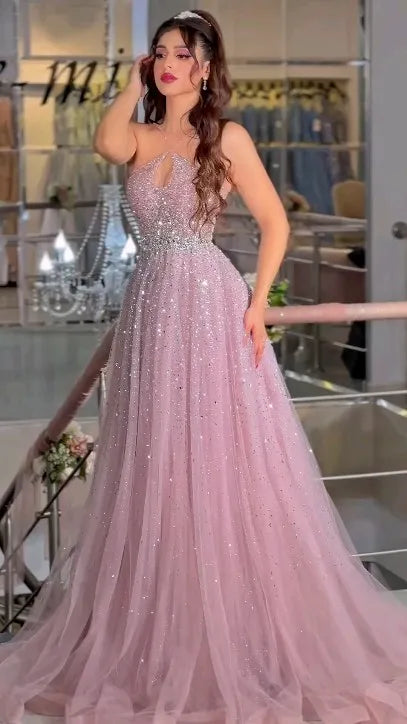 Pink Beading Prom Dresses Long Keyhole Halter Neckline Tulle A Line Formal Evening Gowns for Arabic Women Customized