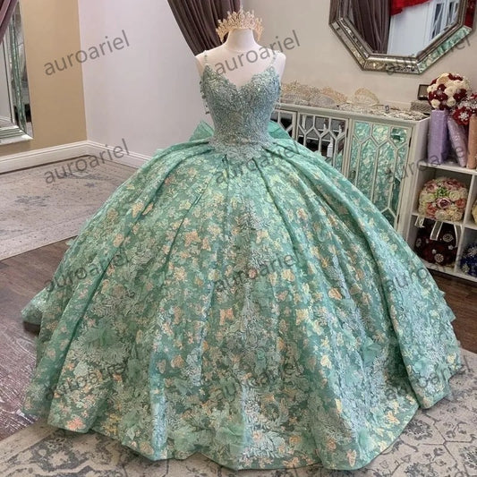 Mint Green Quinceanera Dresses Ball Gown Appliques Lace Beading Sleeveless Spaghetti Strap