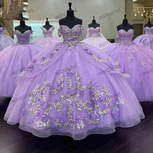 Lilac Quinceanera Dresses 3D Flowers Beading Sliver Lace