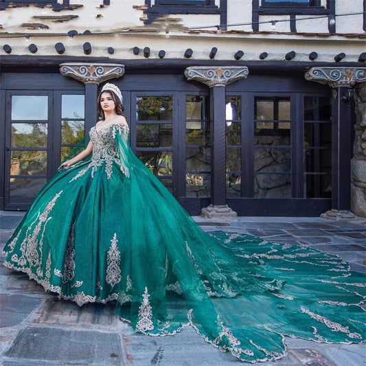 Hunter Green Off The Shoulder Quinceanera Dresses Appliques Birthday Party Gowns With Cape Pageant Graduation Sweet 16