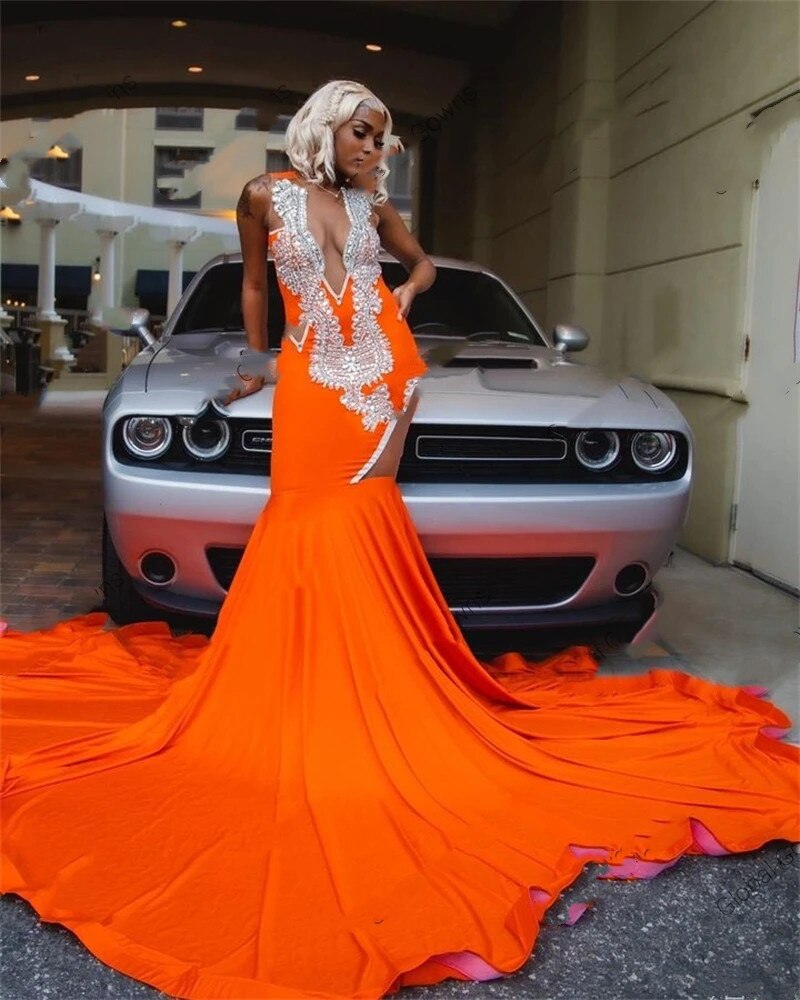 Sexy Orange Sheer O Neck Long Prom Dress For Black Girls Beaded Crystal Split Birthday Party Evening Gowns