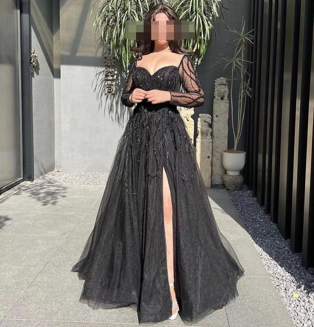 Real Image Prom Dresses Women Wear Side Slit Long Sleeves Beaded Evening Dress Sequins Feather Tulle Formal Occasion Party Gowns