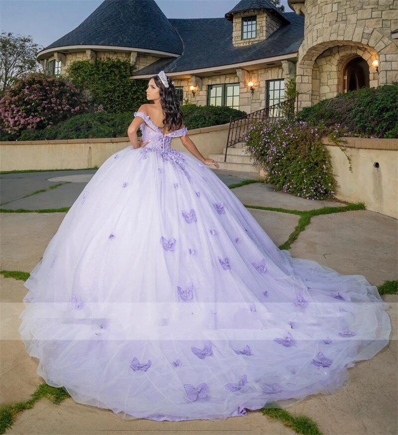 Lilac Princess Ball Gown Quinceanera Dresses Off Shoulder Butterfly Appliques Crystal Prom Evening