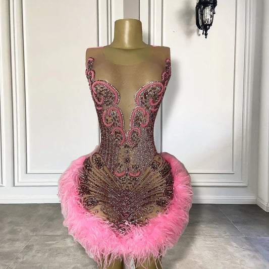 Real Sample Luxury Sheer Sexy See Through Birthday Party Gowns Sparkly Diamond Pink Feather Black Girls Short Prom Dresses