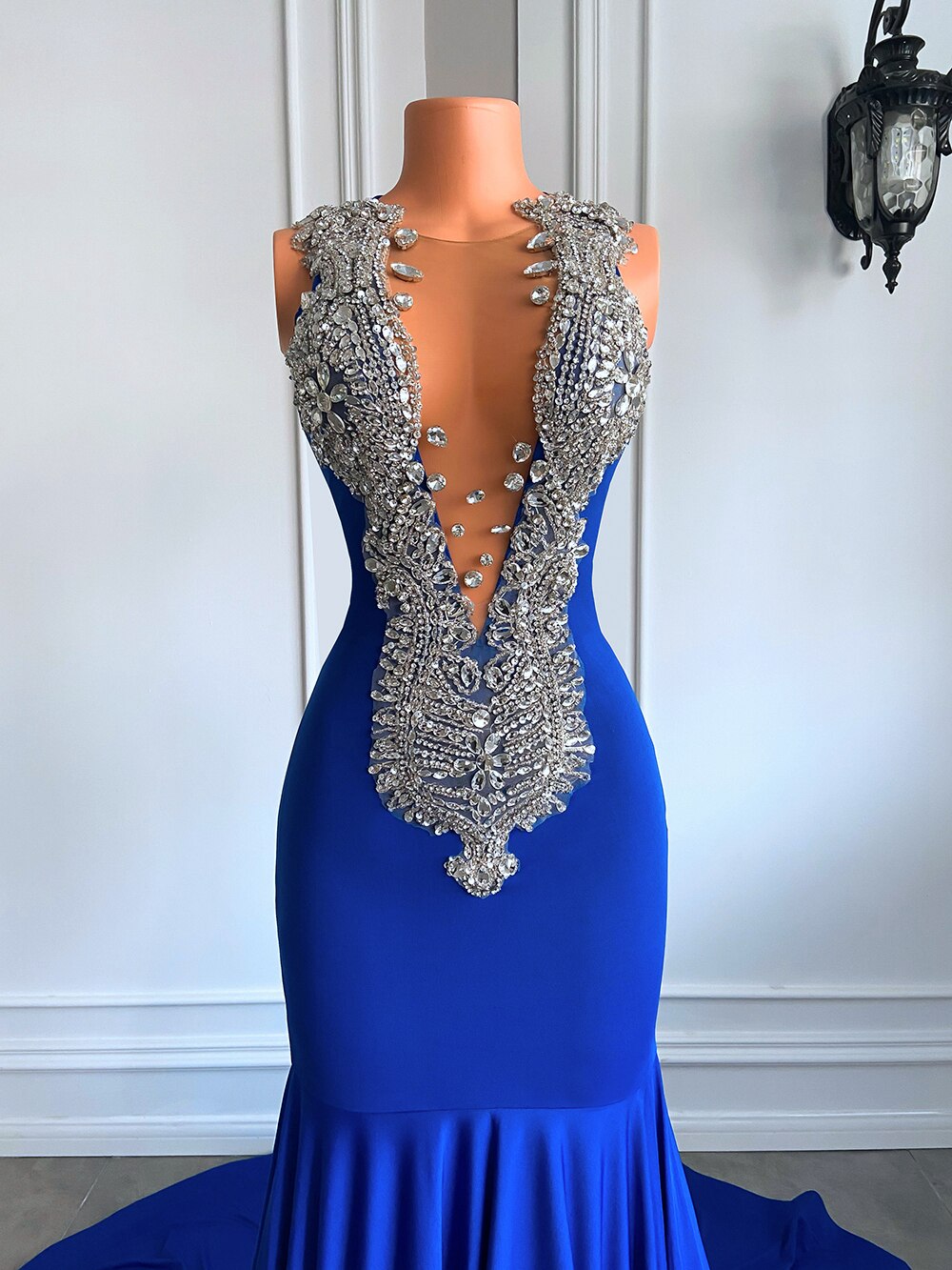 Long Elegant Prom Dresses Sexy Mermaid Style Luxury Sparkly Diamond Royal Blue Spandex Black Girl Prom Gala Gowns