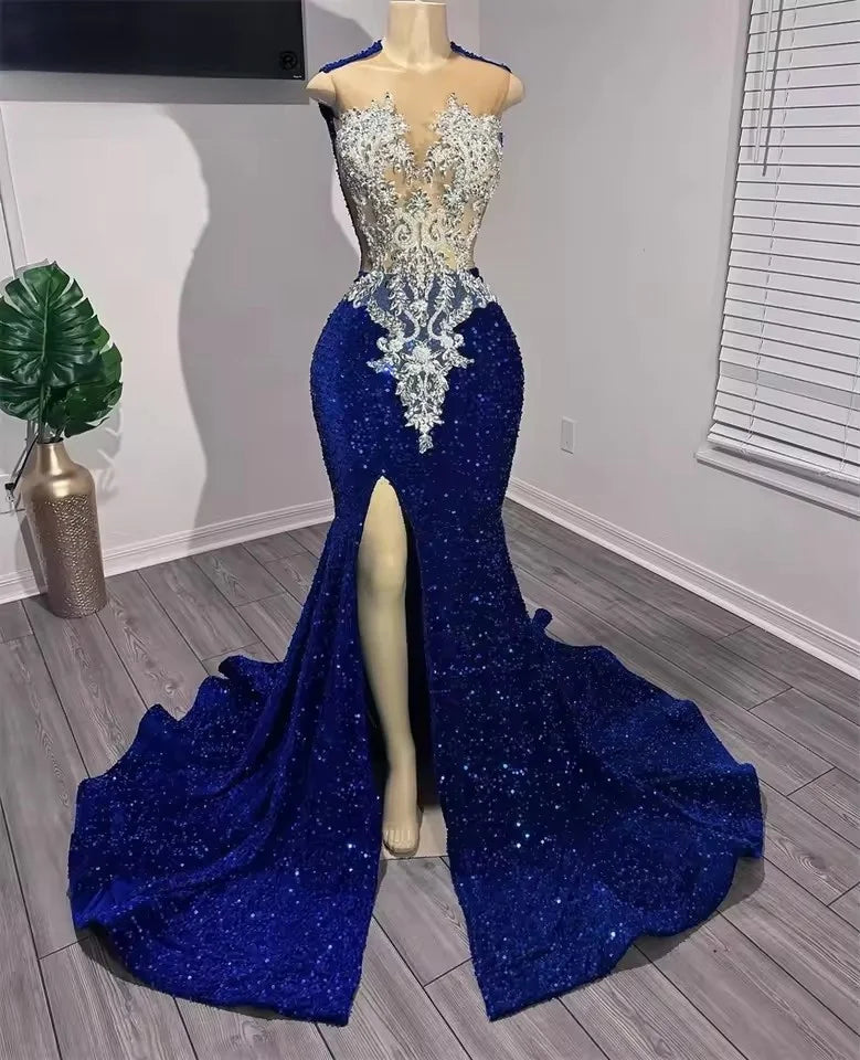 Luxury Royal Blue Sequins Prom Dresses For Black Girls Beads Crystal Sequins Gown Wedding Reception Party Gown Customized