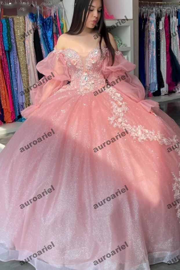 Shiny Pink Long Sleeve Quinceanera Dress Ball Gown Applique Beaded Sequins Corset Sweet 16 Vestido De 15 Anos