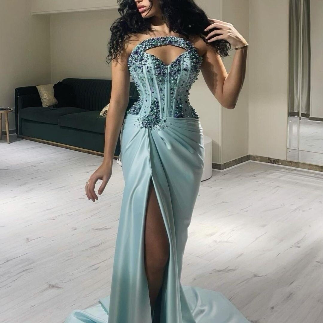 Sweetheart Prom Dresses High Fork Sleeveless Sequins Wrinkle Floor-Length Wedding Luxury Women Evening Zipper Up