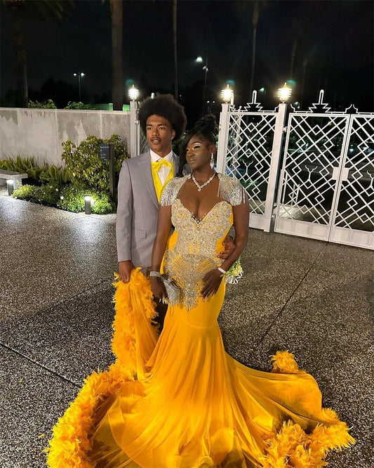 Yellow Velvet Mermaid Prom Dresses With Sliver Tassels Beading Featherss For Special Occasions Party Gowns