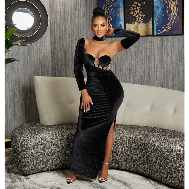 Elegant Birthday Party Night Club Christmas Formal Long Sleeve Dress Women Velvet Irregular Strapless Evening Vestidos