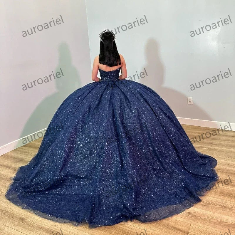 Glittering Navy Blue Quinceanera Dresses Sweetheart Luxury Beading Crystal Formal Princess Gown