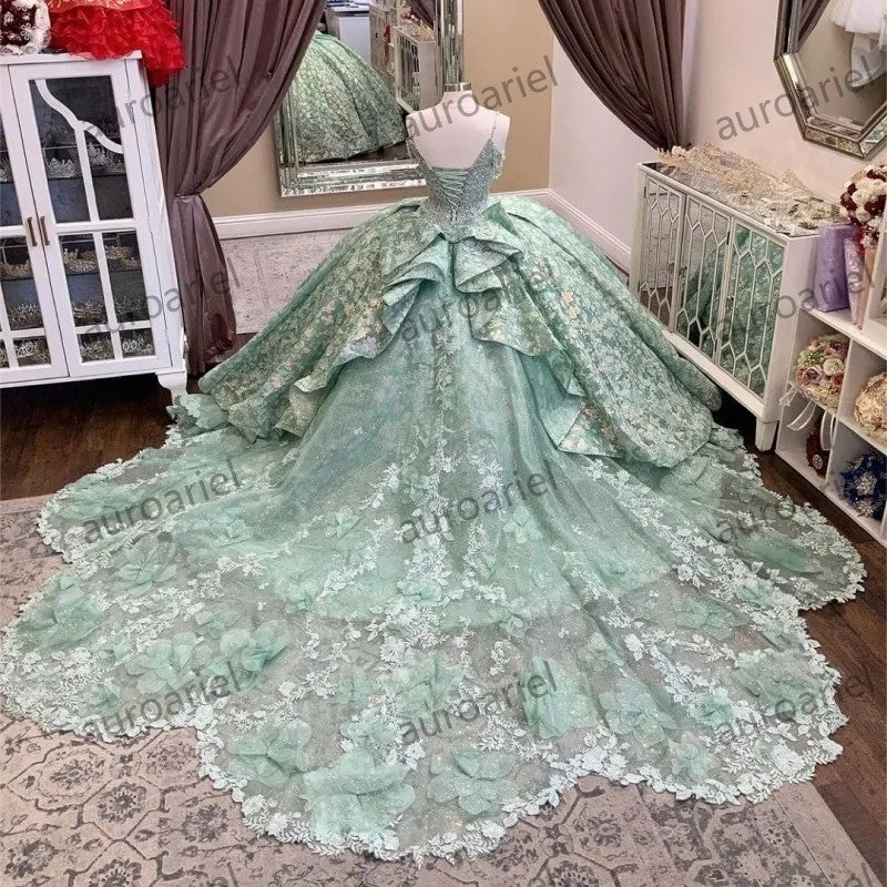 Mint Green Quinceanera Dresses Ball Gown Appliques Lace Beading Sleeveless Spaghetti Strap