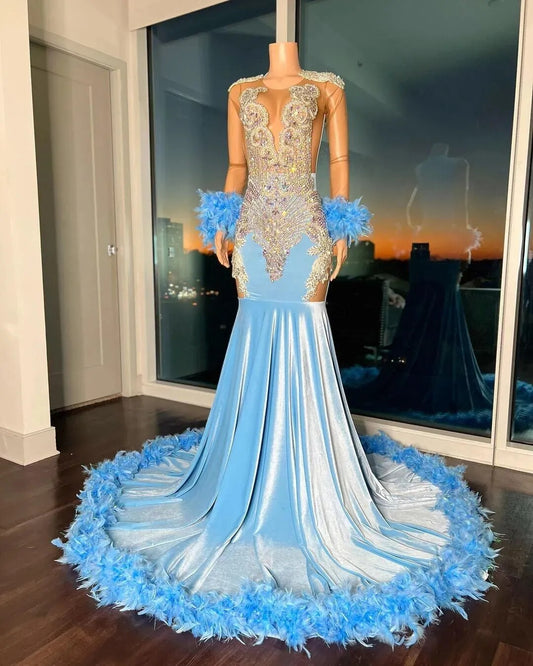 Blue Velvet Mermaid Luxurious Prom Dresses Beaded Crystals Feather Evening Formal Party Second Reception Birthday Party