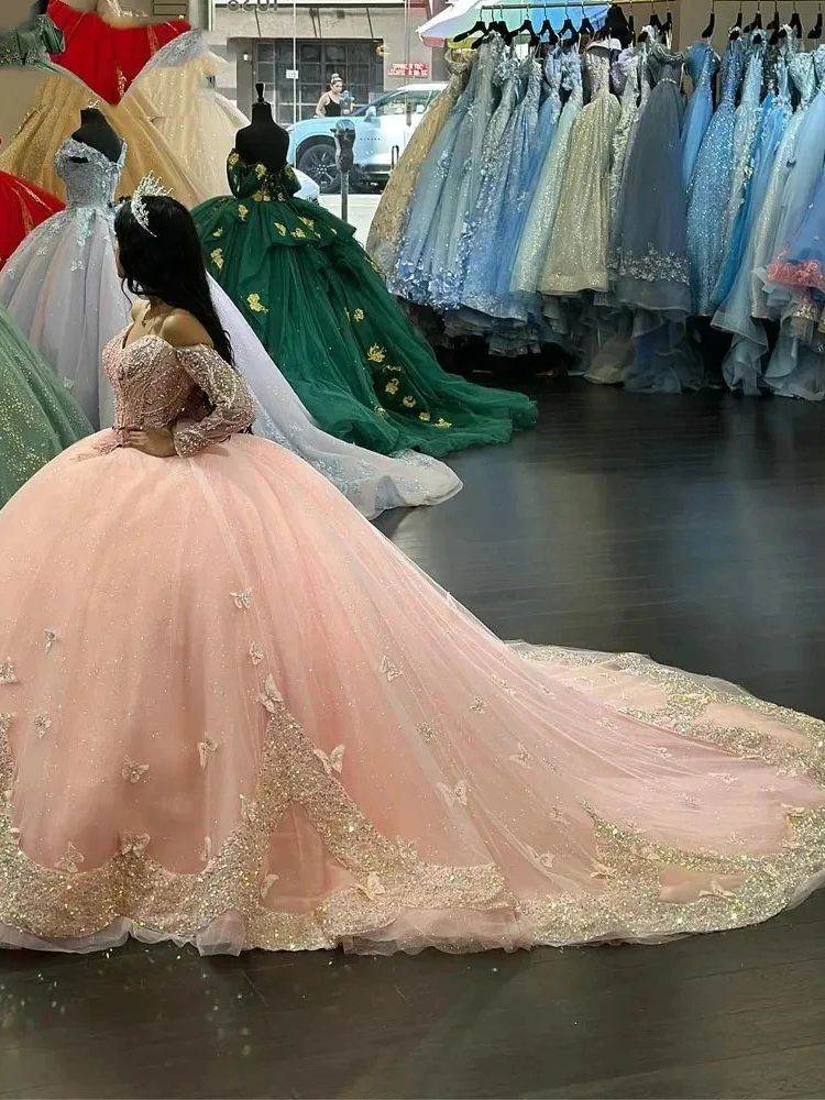 Pink Quinceanera Dresses Off-Shoulder Long Sleeves Butterfly Appliques Princess Birthday Party