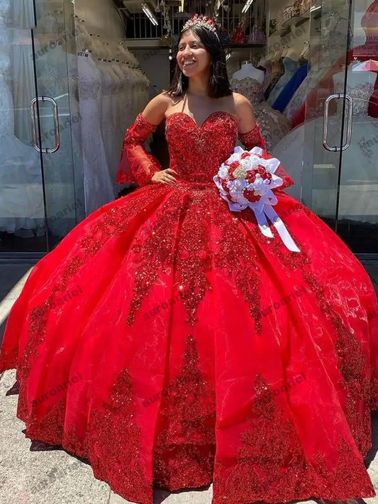 Red Ball Gown Quinceanera Prom Dresses V Neck Long Sleeves Gold Applique Lace Sweep Train Sweet 15 Dress