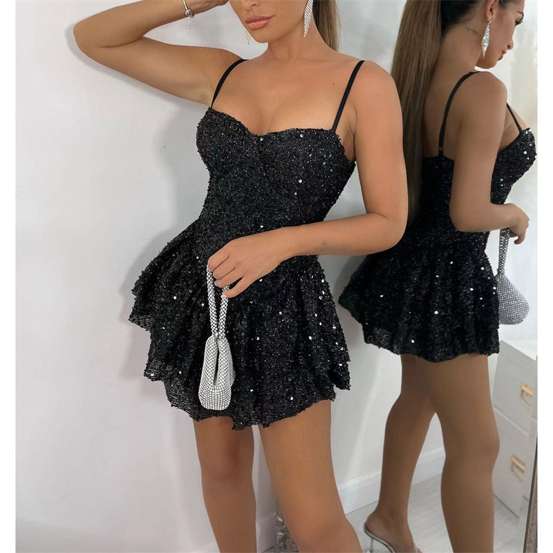 Sexy Party Night Evening Prom Birthday Dresses Women Spaghetti Strap Strapless Sequin Glitter Sleeveless Ruffles Vestidos