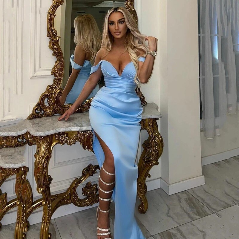 Sky Blue Off The Shoulder Mermaid Evening Dresses For Women Pleats Prom Saudi Arabia Modern Side Split Party Dress