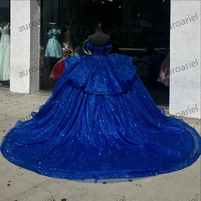 Royal Blue Ball Gown Quinceanera Dresses Beading Glitter Tulle Prom Party Dress