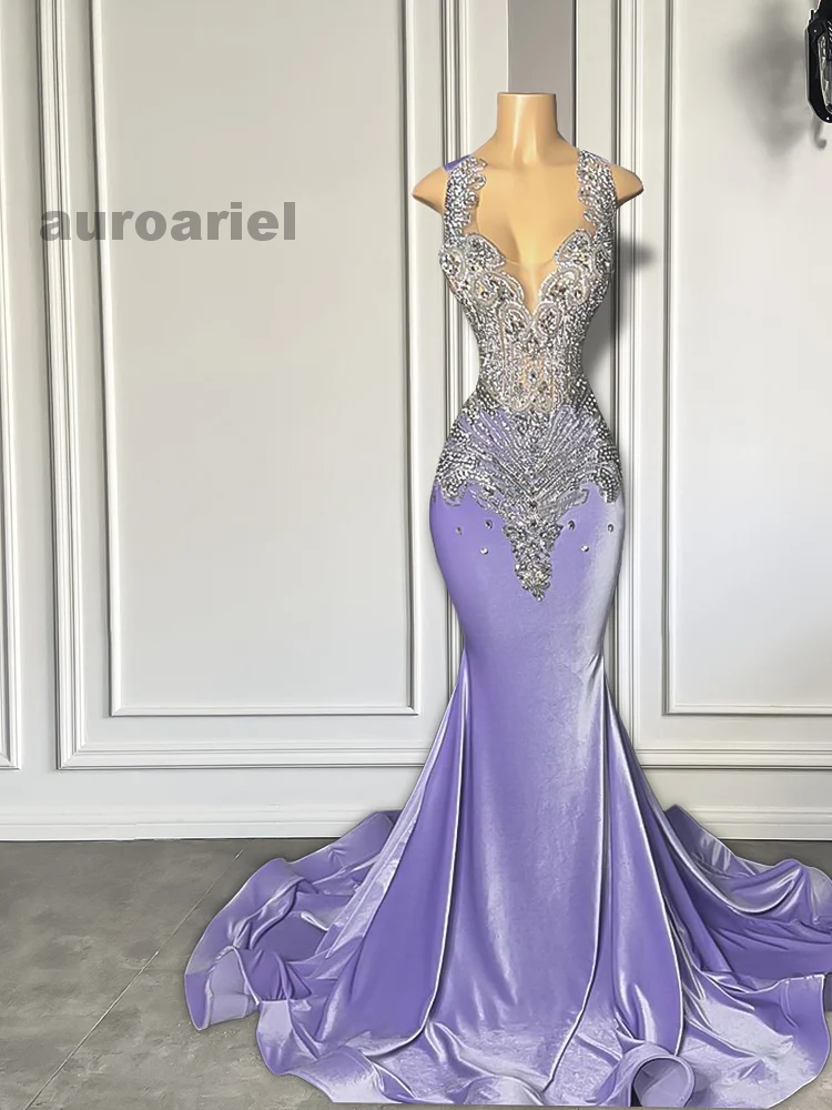 Gorgeous Sexy Mermaid Style Silver Diamond Black Girls Lavender Velvet Prom Gala Formal Gowns