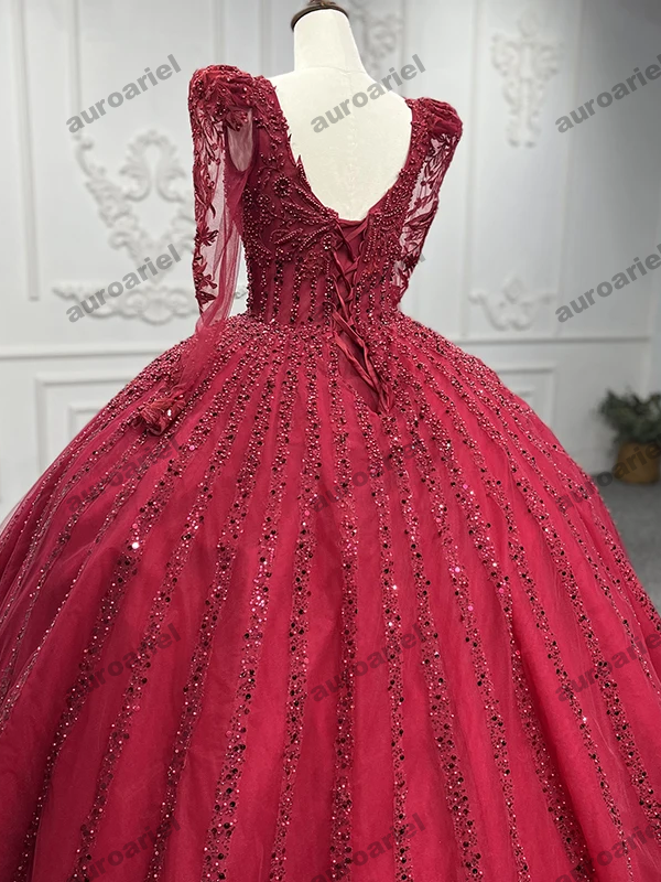 Red Quinceanera Dress Beading Organza Sequined Long Sleeve Ball Gown Party