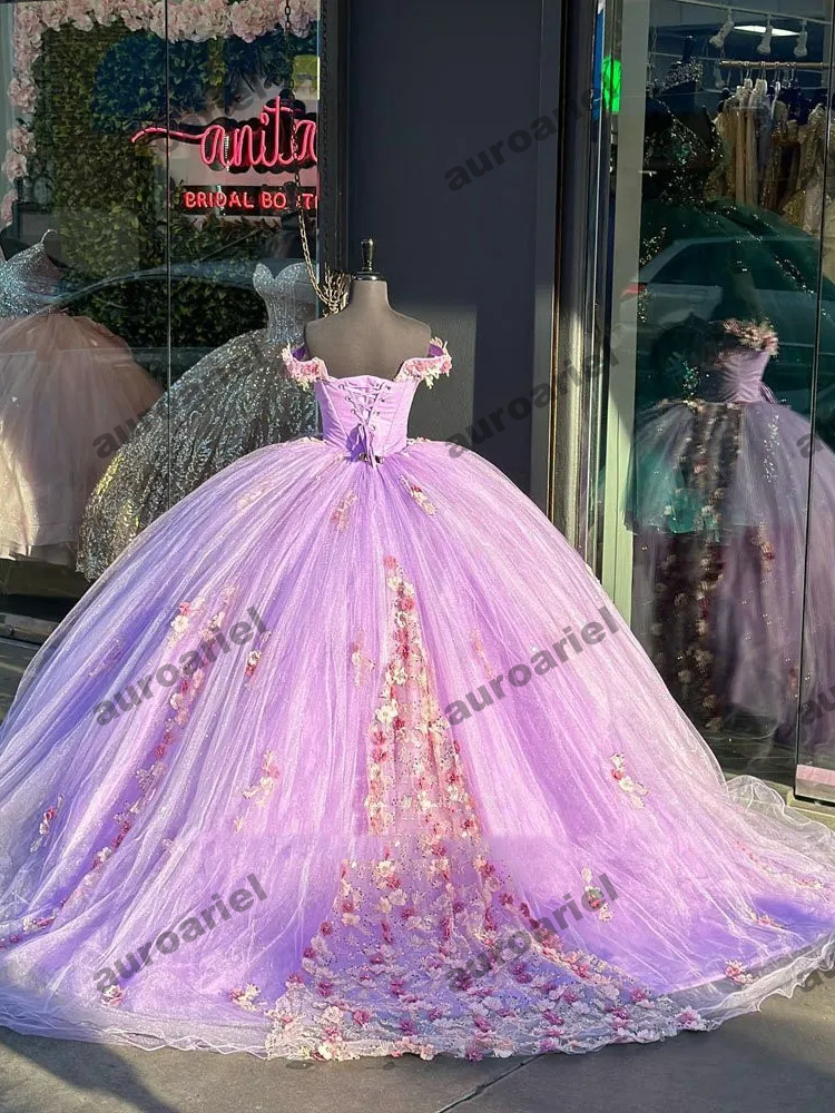 Off The Shoulder Tulle Appliques Flowers Mexican Sweet 16 Dresses