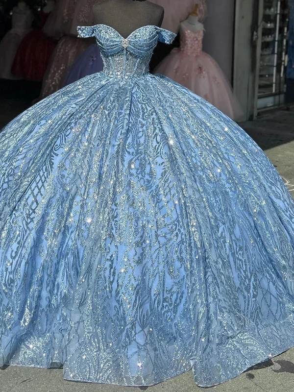 Sparkly Sky Blue Princess Quinceanera Dresses Off Shoulder Ball Gown Glitter