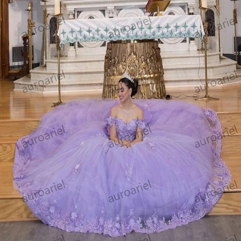 Lavender 3D Flower Quinceanera Dresses with Big Bow